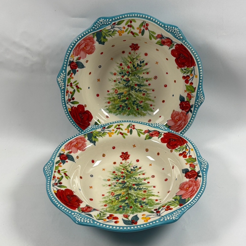 Pioneer Woman Wishful Winter Christmas Tree Low Rim Bowl Set of 2 Soup Pasta